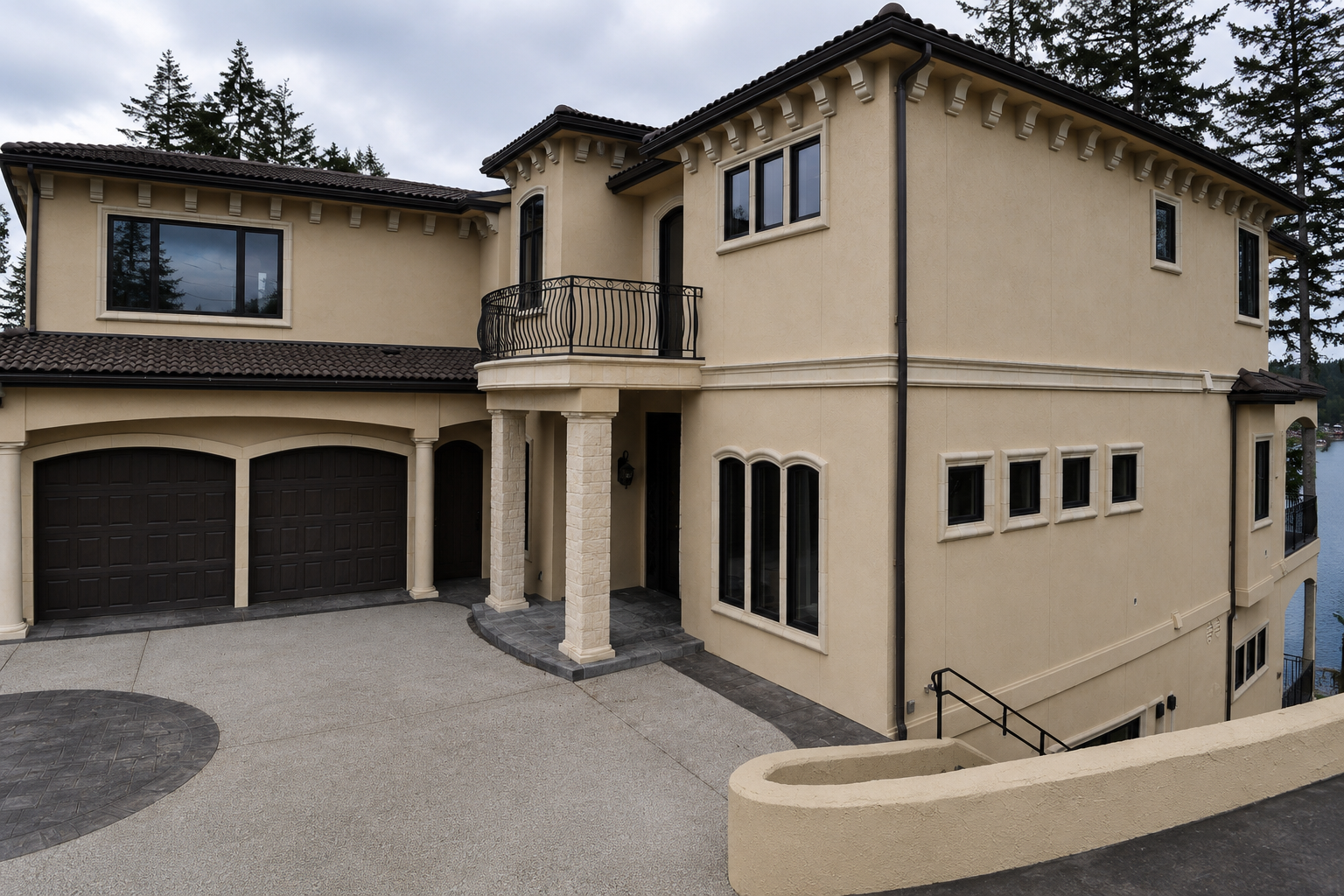 Stucco estate exterior with driveway